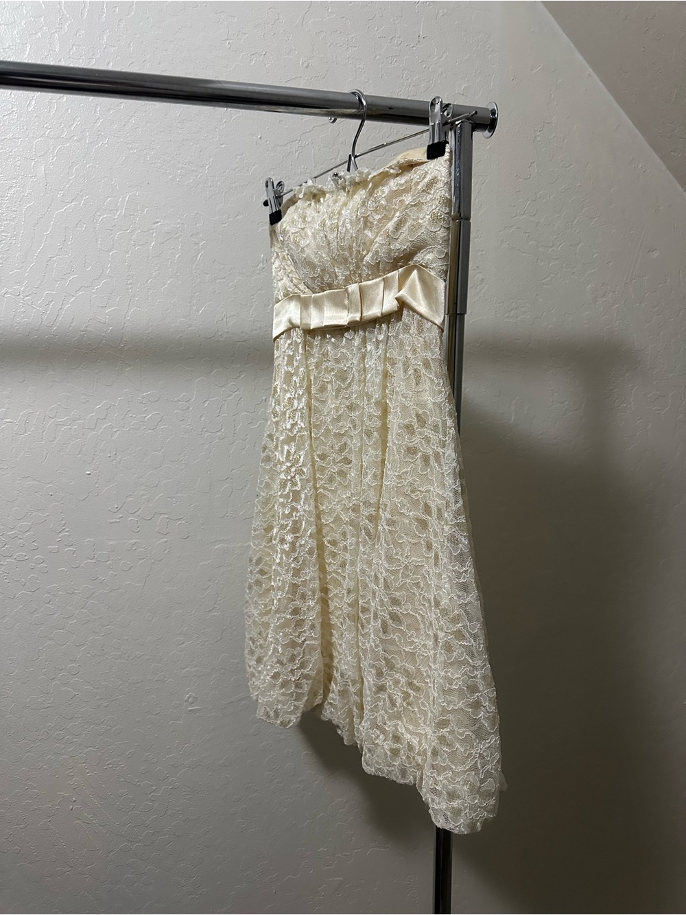 Morgan & Co. Cream Strapless Lace Dress with Satin Details